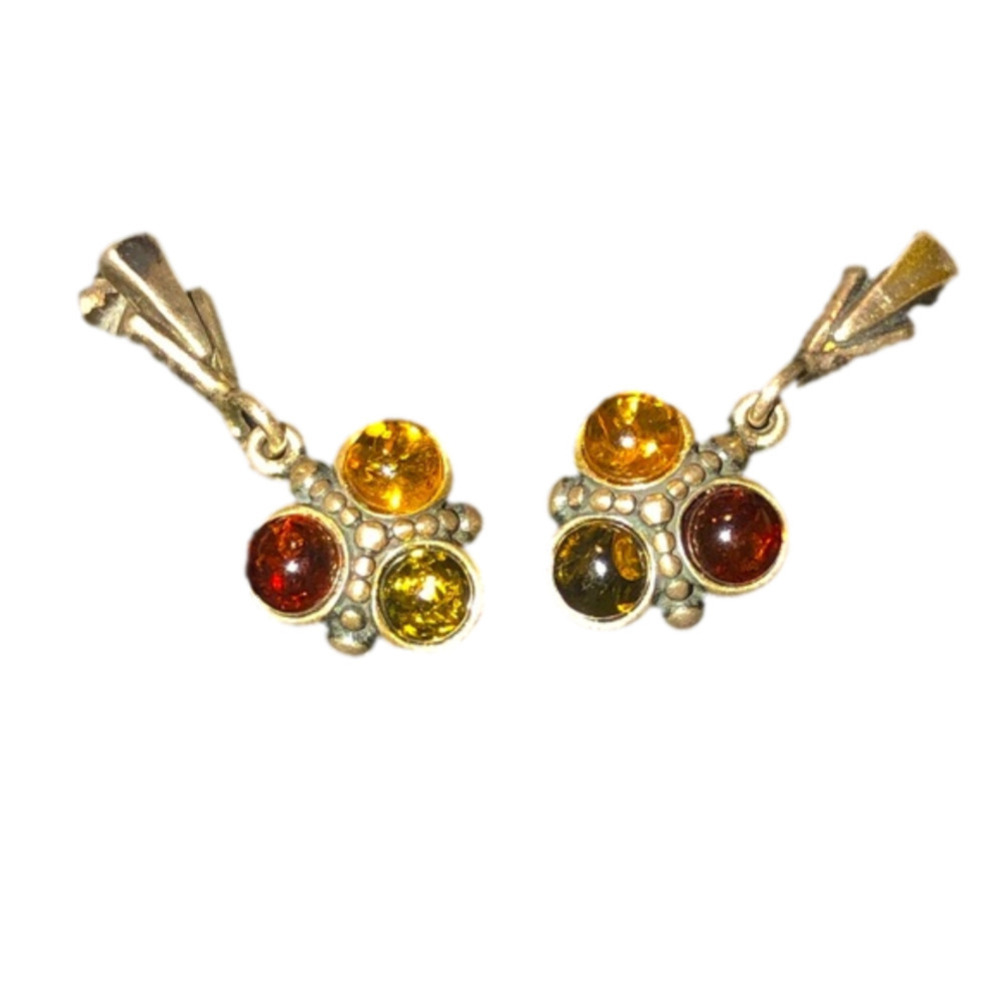 VTG Baltic Amber Sterling Silver Tri Colour Stone Stud Earrings 1.1”